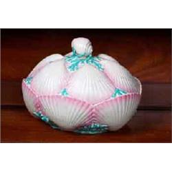 A BELLEEK SCALLOP SHAPED "SHELL BISCUIT BOX" BOWL, FIRST PERIOD, (1863-1890), light pink wash wit...