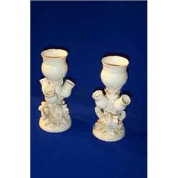 A PAIR OF BELLEEK "THISTLE" VASES, THIRD PERIOD (1926-1946), with three thistle flowers, surround...