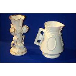 A BELLEEK "TRIPLE TULIP" VASE, FIRST PERIOD, (1863-1890), heightened in gilding, black printed ma...