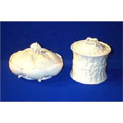 A BELLEEK "RIBBON JAM POT", the body formed as bamboo shoots; and a shell shaped dish, First Peri...