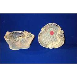 TWO BELLEEK TREFOIL SHAMROCK BASKETS, three strand centre with flower encrusted rim, one impresse...