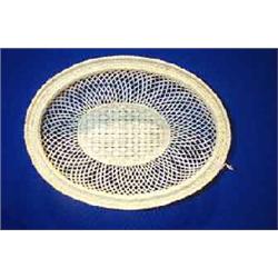 AN OVAL BELLEEK BASKET, with herring bone indented rim, with three strand centre, impressed BELLE...