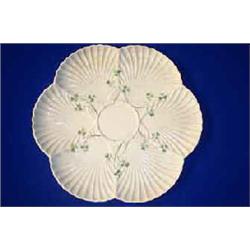 A BELLEEK SCALLOP SHAPED HEXAGONAL TRAY, SECOND PERIOD, (1891-1926), with shamrock panelled leave...