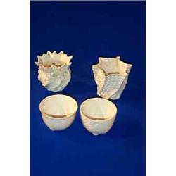 A PAIR OF BELLEEK SCALLOP BOWLS, black printed marks; a second period vase; and another (4)....