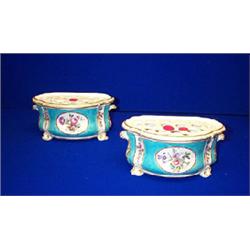 A PAIR OF BOUGH POTS, ENGLISH, PROBABLY DERBY, c.1800, with pierced lids decorated with panels of...