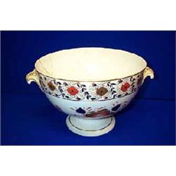 A DERBY STYLE ROSE BOWL, 19th CENTURY, 37cms diameter; and a Derby Imari pattern two handle turee...