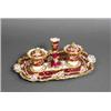 Image 1 : A PORCELAIN STANDISH, IN ROCKINGHAM STYLE, comprising a moulded tray fitted with two pots and a c...