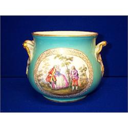 A HELENA WOLFFSON DRESDEN CACHE POT, decorated with panels of 18th century figures on aqua-marine...