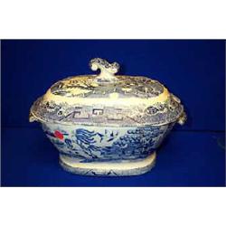 A SPODE CREAMWARE BLUE AND WHITE PRINTED TUREEN AND COVER, 19th CENTURY....