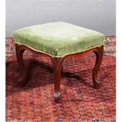 A MAHOGANY FRAMED STOOL, BY WILLIAMS AND GIBTON, upholstered and on moulded cabriole legs, stampe...