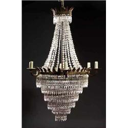 A SIX LIGHT CHANDELIER, CONTINENTAL, 19th CENTURY, with a circular gilt metal leaf enhanced frame...