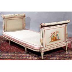 A PAINTED SINGLE BED, IN FRENCH STYLE, with scroll end boards supported on leaf capped columns an...