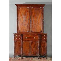 A MAHOGANY SECRETAIRE BOOKCASE, EARLY 19th CENTURY, PROBABLY CORK, the top part with a moulded co...