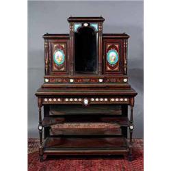 A BURR WALNUT AND EBONY WRITING CABINET, LATE 19th CENTURY, IN FRENCH STYLE, the pedimented super...