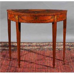 a painted satinwood d-shaped pier table, irish, late 18th century, the crossbanded top with two p...