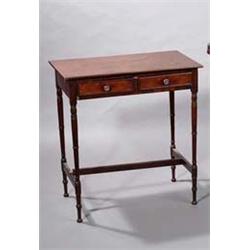 A MAHOGANY SMALL TABLE, EARLY 19th CENTURY, with plain rectangular top fitted with two drawers an...