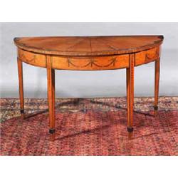 A SATINWOOD D-SHAPED SIDE TABLE, IRISH, 19th CENTURY, the fan inlaid top centred by a half oval f...