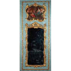 A carved giltwood 'trumeau', 18th century, the mirror plate contained within a rococo giltwood su...