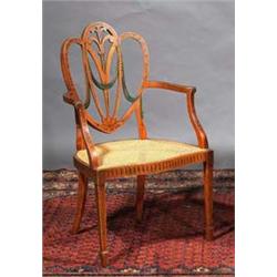 A PAINTED BEECHWOOD ARMCHAIR, LATE 18th CENTURY STYLE, the interscroll arch shaped back pierced w...