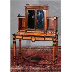 A BIRDS EYE MAPLE BONHEUR DU JOUR, LATE 19th CENTURY, the cabinet superstructure with three quart...