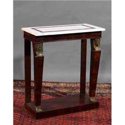 A PAIR OF ROSEWOOD CONSOLE TABLES, 19th CENTURY, IN EMPIRE STYLE, each with white inlaid marble t...