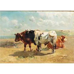 H SCHUTEN, (19th century), Oil on canvas, Cattle in a Coastal Landscape, Signed lower left,...