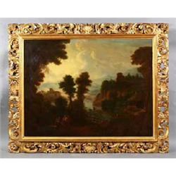 ITALIAN SCHOOL, (19th CENTURY), Oil on canvas, A Romantic Southern Landscape with Figures, ri...