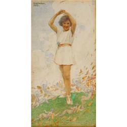 BEATRICE GLENAVY, (1881-1970), Watercolour, Study of a Little Girl Standing, with fairies pla...
