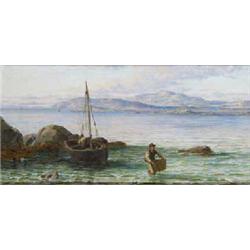 THOMAS ROSE MILES, (exhibited 1880-1906), Oil on board, Morning, Kilkeiran Bay, Signed lowe...