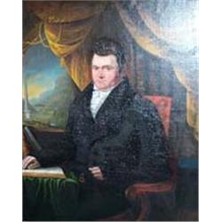 ENGLISH SCHOOL, MID 19th CENTURY, Oil on canvas, Portrait of a Man, seated in his library, we...
