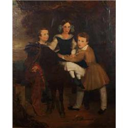 style of CATTERSON SMITH, Oil on canvas, Three Children and their Pony, in a wooded landscape...