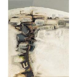 ARTHUR ARMSTRONG (1924-1996), Oil on board, Snow Scene in abstract, Signed lower centre Arm...