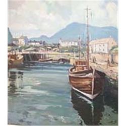 CECIL CAULDWELL, (20th CENTURY), Oil on board, Annalong Harbour with Trawler, Signed lower...