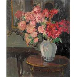 EVA HAMILTON (1876-1960), Oil on canvas, Still Life with Flowers in a vase, in an interior wi...