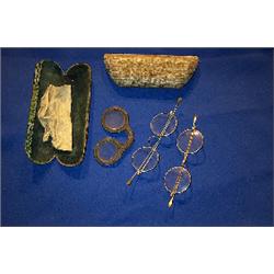 A PAIR OF GOLD RIMMED SPECTACLES, in a shagreen case stamped Dickson and Hempenstall; these are t...