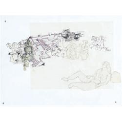 NEVILL JOHNSON (1911-1999), Pen and collage work, Abstract with a reclining nude, signed John...