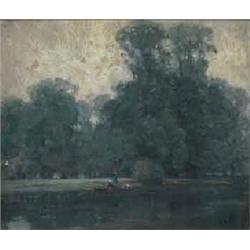 ARTHUR STREETON (1867-1943), Oil on canvas, Figures in a park, with a lake and rowing boat<br...