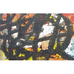 ANNE YEATS (1919-2001), Oils on boards, Two Abstracts - Blacks, Yellows and Reds, 38cms x 6...