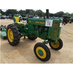 JOHN DEERE M FARM TRACTOR, S/N M27568, 3 PTH, PTO, 20HP GAS ENG, BUSH HOG, CULTIVATORS, BLADE SCRAPE