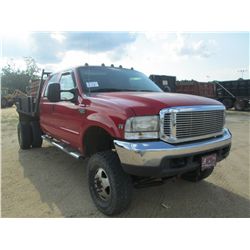1999 F350 4X4 S/A FLATBED DUMP, S/N 1FTWW33F5XEB08573, FORD DIESEL ENG, A/T, CREW CAB, 9' FLATBED DU