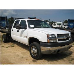 2003 CHEVROLET CREW CAB FLAT BED TRUCK, S/N 1GCJ33143F172888, DURAMAX DIESEL ENG, A/T, HEADACHE RACK