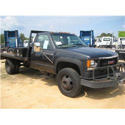 2000 GMC SL S/A FLATBED TRUCK, S/N 1GDKC34F6YF507554, DIESEL ENG, A /T, 12' FLATBED BODY, TOOLBOXES,
