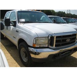 2002 FORD F350 PICKUP, S/N 1FTSW30F82EC42943, POWER STROKE DIESEL ENG, 5 SPD TRANS, CREW CAB, ODOMET