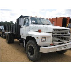 1985 FORD F SERIES S/A FLATBEAD DUMP, S/N 1FDNF7075FVA28362, V/8, GAS ENGINE, 5 SPD TRANS, 14' FLATB