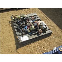 1 LOT MISC TIE DOWN STRAPS, SHACKLES, PRY BAR