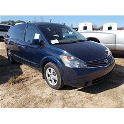 2008 NISSAN QUEST, S/N 5N1BV28U78N100975, V6 GAS, A/T, ODOMETER READING 269,753 MILES