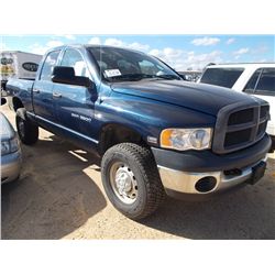 2003 DODGE RAM 2500 CREW CAB 4X4 PICKUP, S/N 1D7KU28D13J628833, V8 GAS, A/T, ODOMETER READING 125,23