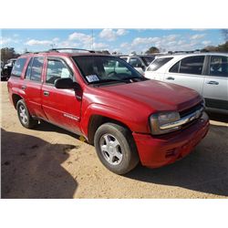 2002 CHEVROLET TRAIL BLAZER LS 4X4, S/N 1GNDT13S822466012, 6 CYL GAS, A/T, ODOMETER READING 169,649 