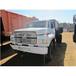 1985 FORD F SERIES S/A FLATBED DUMP, S/N 1FDNF7075FVA28362, V8 GAS ENG, 5 SPD TRANS, 14' FLATBED DUM
