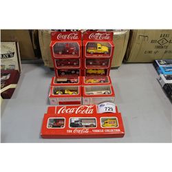 LOT OF 13 43 SCALE VINTAGE COCA COLA DIE CAST MODEL VEHICLES W/ ORIGINAL PACKAGING